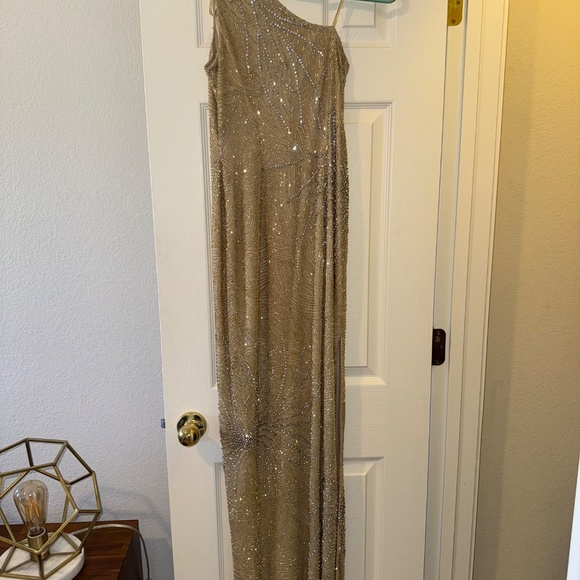 Aidan Mattox Beaded One-Shoulder Gown Gold - Picture 3 of 5